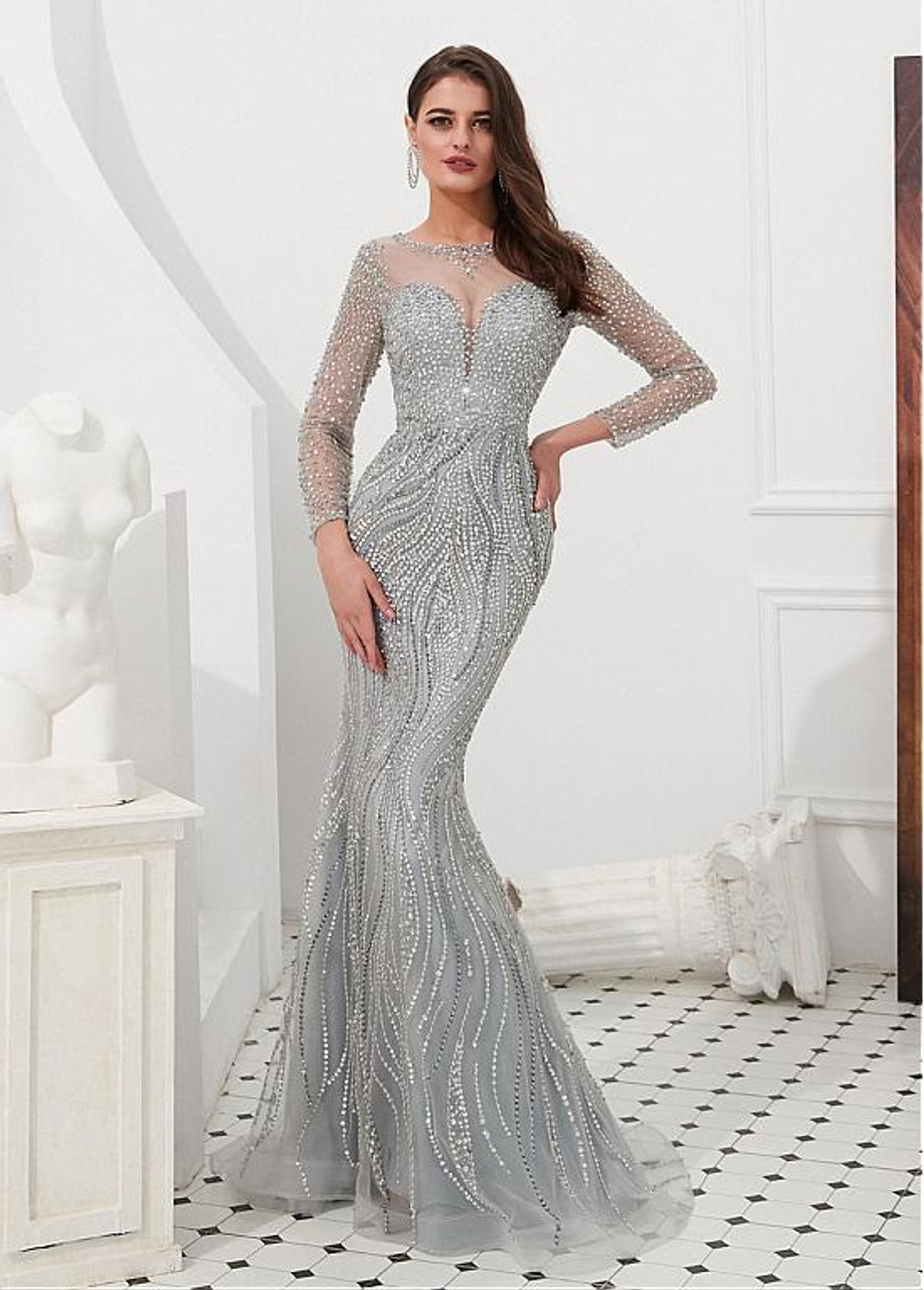 Long Sleeve Gold Tulle Jewel Neckline Beadings Floor-length Prom Evening  Dress