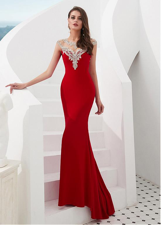 Amazing Red Ruched Mermaid Evening Dress with Beads
