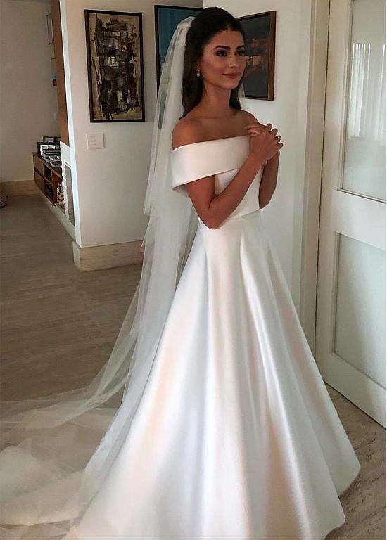 Women's Bowknot Off The Shoulder A-line White Dress ,