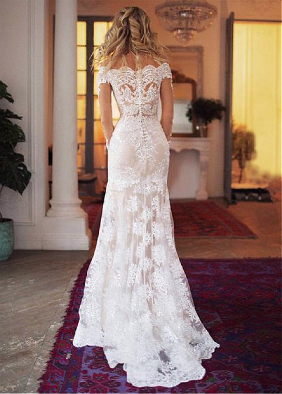 M5033 Short Sleeve Chiffon and Lace Bodice A-Line Modest Bridal Gown