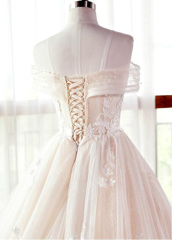 A-line V-neck Lace Up Tulle Gown Champagne main image 0