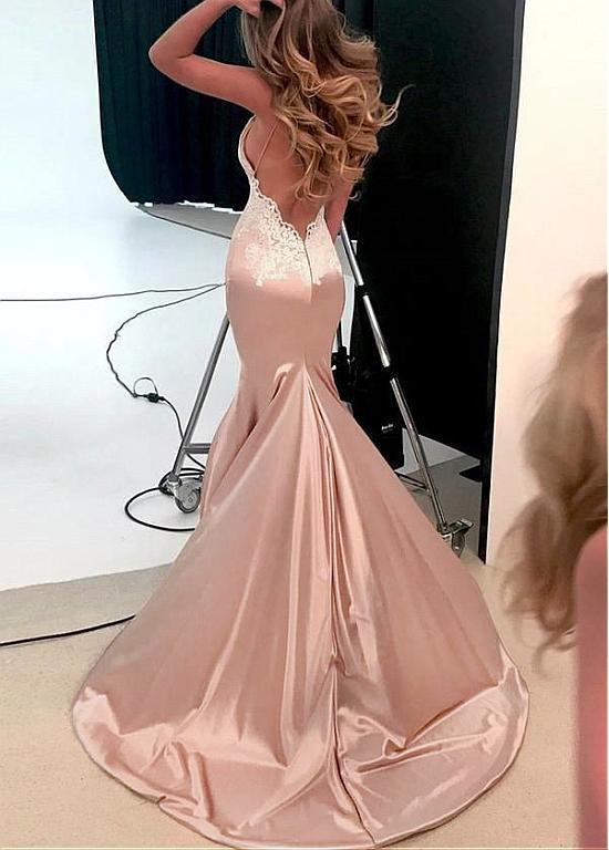 peach spaghetti strap dress with a deep backless Long Spaghetti Strap A Line Prom Dress
