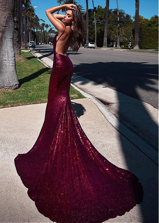 Sequin Lace Spaghetti Straps Burgundy Mermaid Evening Dress
