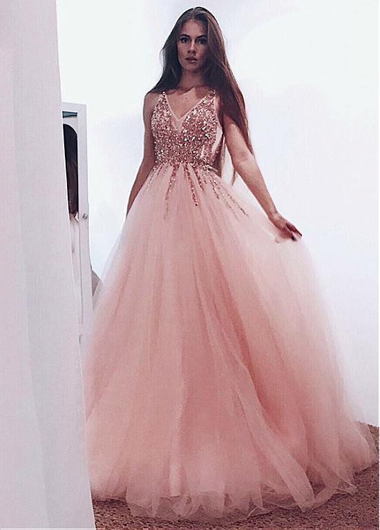 Pink Beaded Tulle A-line Floor Length Party Dress, Pink Tulle Long Prom Dress