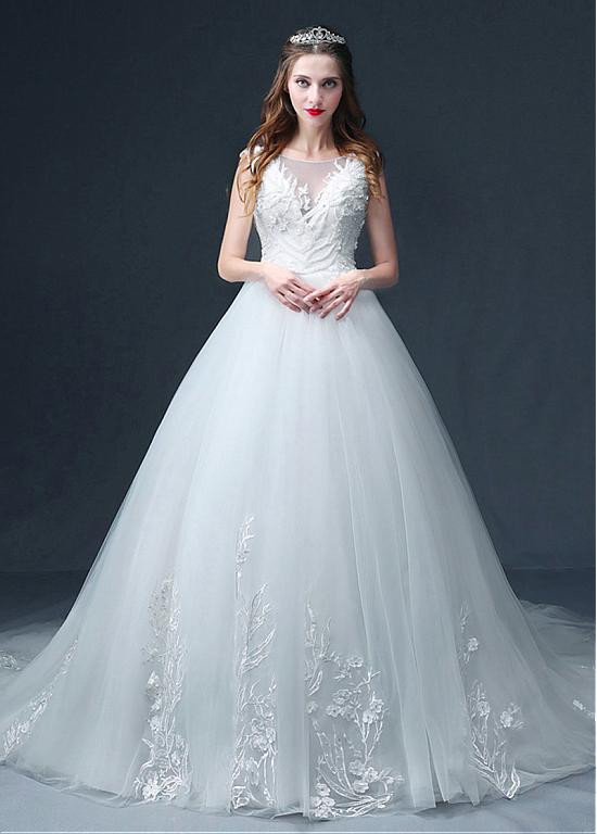 Casual A-Line Bateau Lace Tulle Wedding Dress With Long Sleeve And Sash main image 0