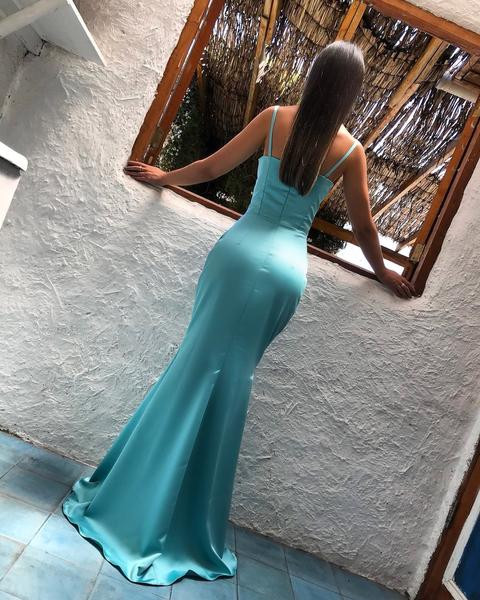 Charming Mermaid Spaghetti Strap Rhinestone Baby Blue Chiffon Prom Dress