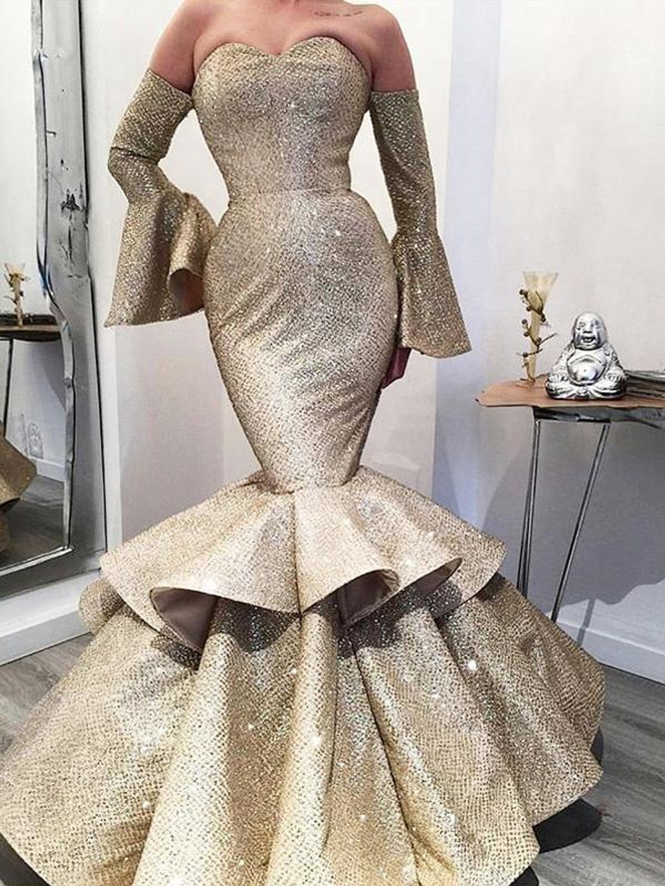 gold strapless prom dress
