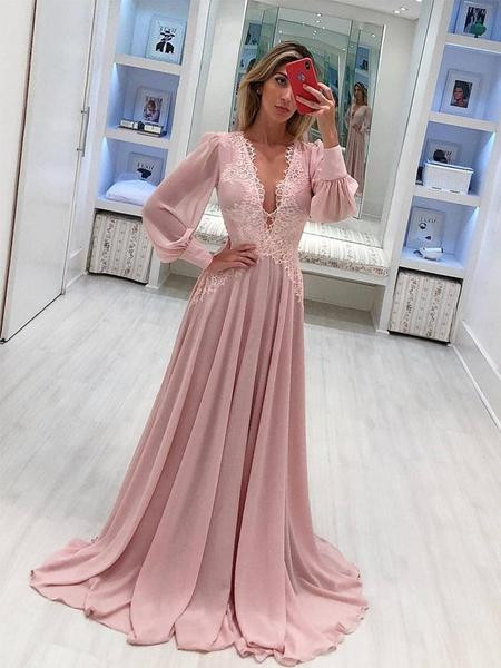 Pink Sleeve Long Gown Applique A-Line Pink Chiffon Long Sleeve