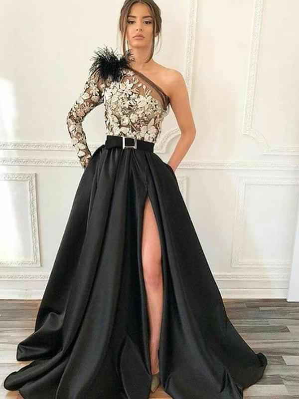 Long Sleeve Lace Satin Black One Shoulder Prom Dress