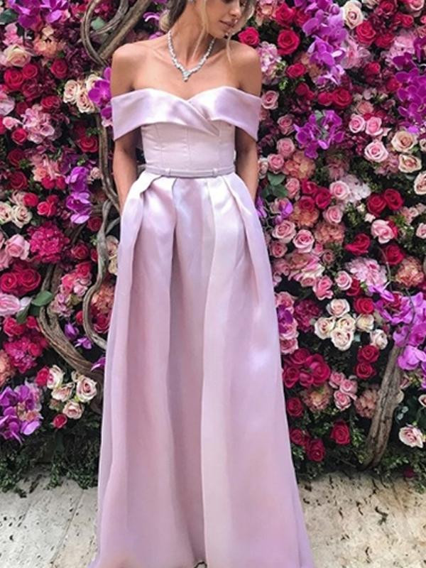 Sheath Off the Shoulder Pink Satin High Low Prom Dress LBQ2700 main image 1