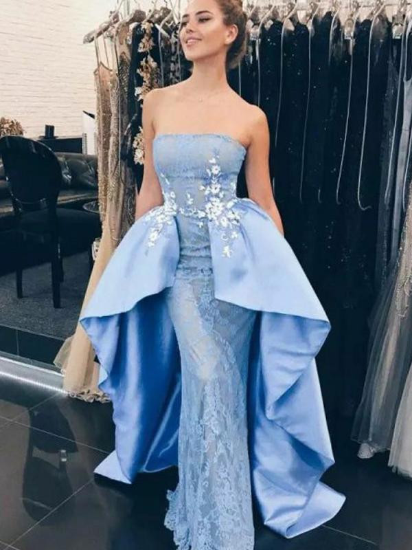 knee length dresses for ladies Charming Light Blue Lace Long Prom Dresses with Slit, Formal Evening D –  bridalsew main image 1