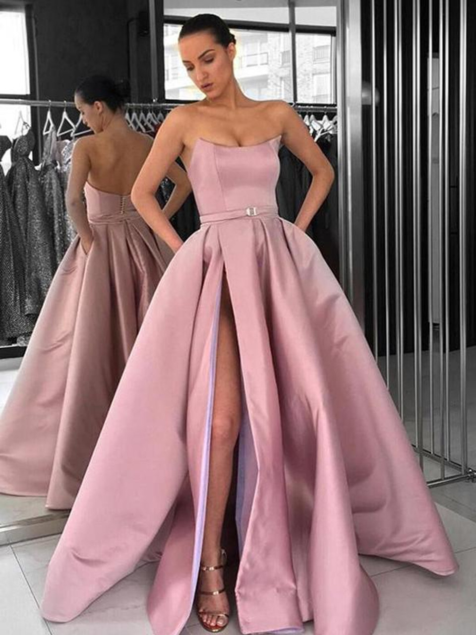 Sexy Slit Dusty Pink Satin Strapless Pockets Ball Gown