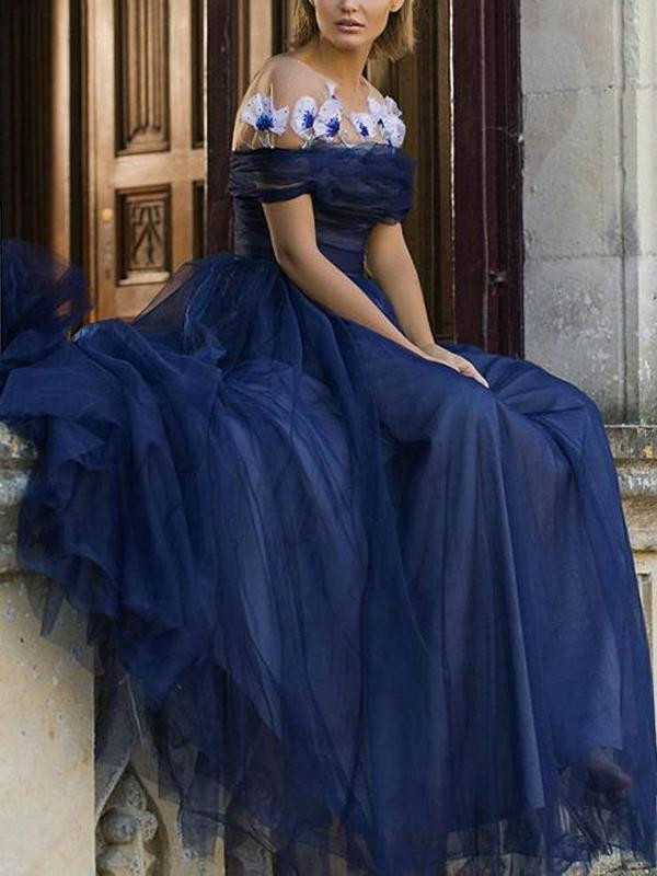 Flowers Navy Tulle Off Shoulder Fashion A-Line Prom Dress
