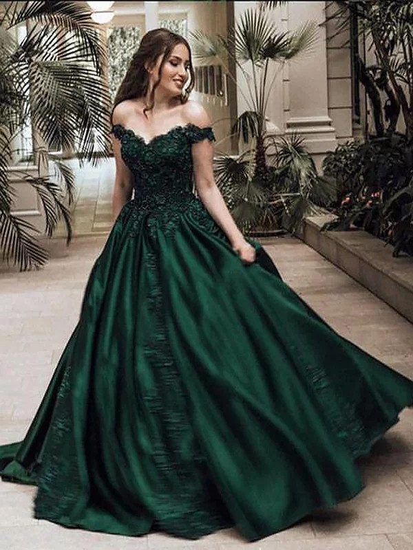 Ball Gown Off-the-Shoulder Green Lace Satin Prom Dress