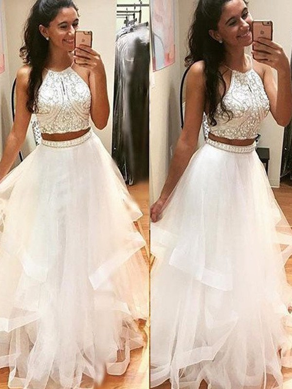 Arleth | Princess Halter Long/Floor-Length Lace Tulle Prom Dress With Appliqued Beading