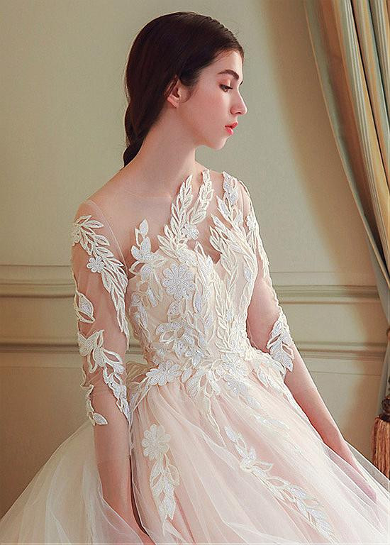 Pretty Ball Gown Tulle Applique Long Sleeves With Veil Long Wedding Dresses C4213