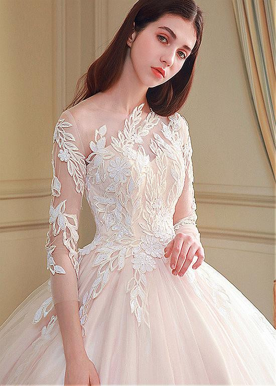 Round Appliques Ball Gown Tulle Wedding Dresses With Button Back OW578