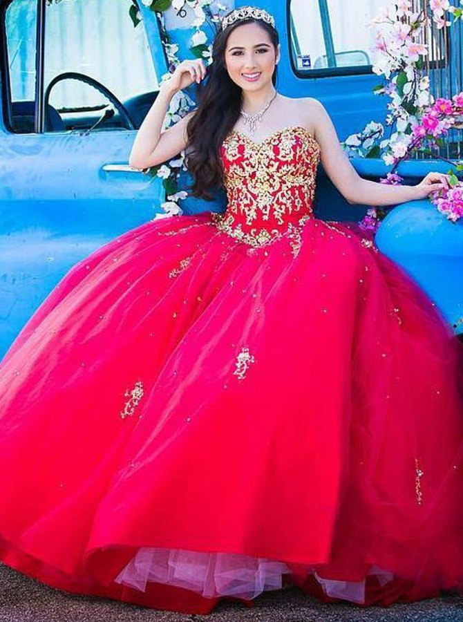 Latest Long Ball Gown High Neck Tulle Red Quinceanera Dress main image 1