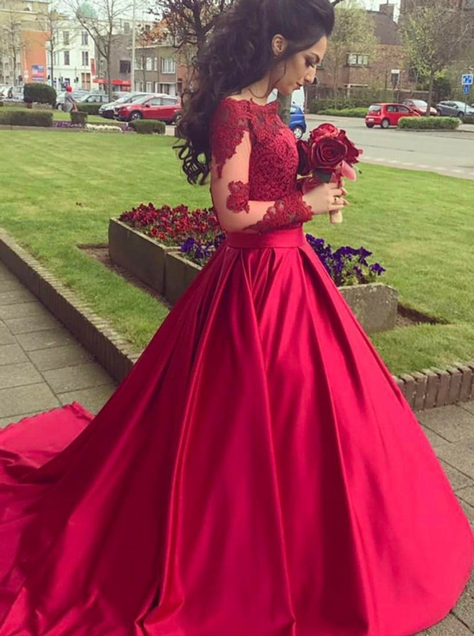 Shop sheer neckline red & black applique ball gown quinceanera dress with  long sleeves from