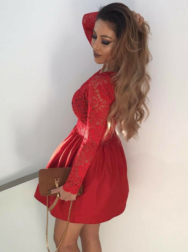 knee length dresses for ladies Macloth Long Sleeves Illusion Red Mini Prom Homecoming Dress Lace Wedding Party Dress Burgundy / Above Knee / US4 main image 0