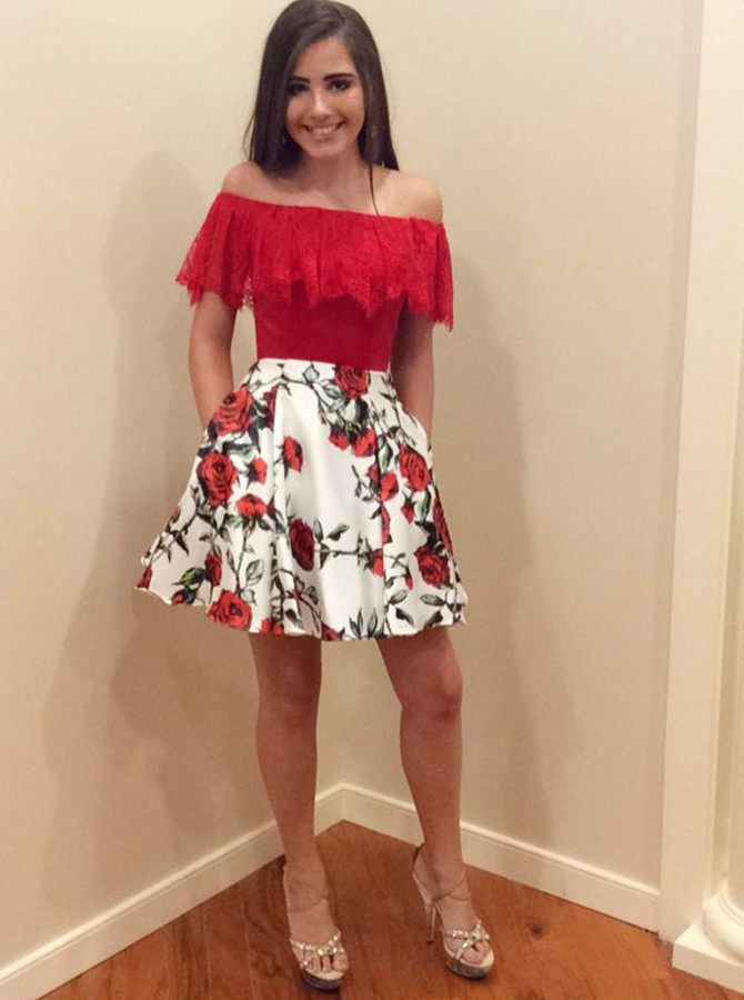 Red Off-the-Shoulder Floral Homecoming Dress with Pockets Ruffles
