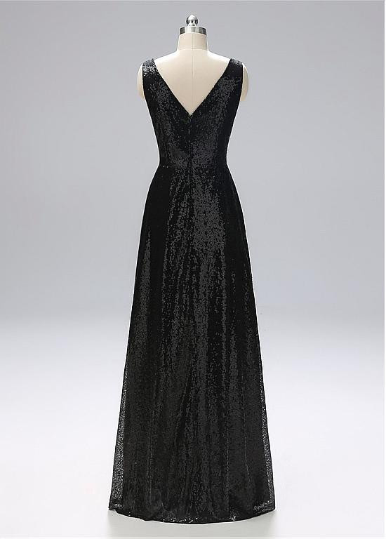 Black V-Neck Sheath Sequin Long Sleeve Ball Dress