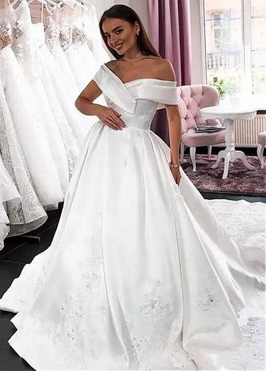 satin off the shoulder wedding dress