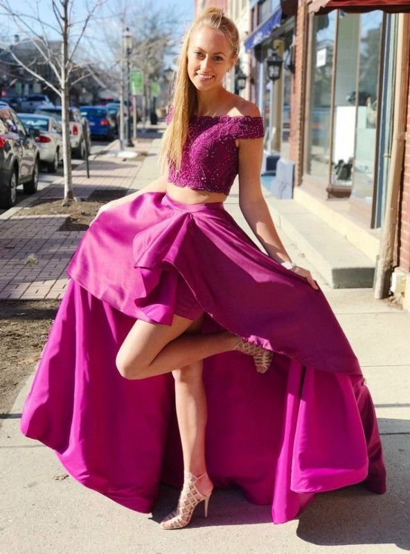 purple two piece prom dress