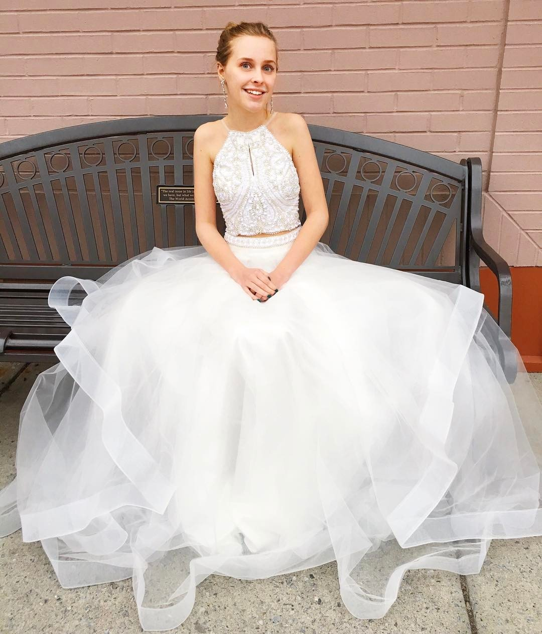 Cheap 2019 Pink Tulle Halter Beading Long Two Piece Prom Dress Cheap 2019 Pink Tulle Halter Beading Long Two Piece Prom Dress