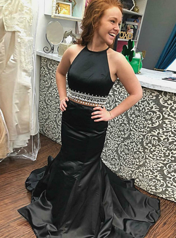 Cheap 2019 Black Mermaid Beading Satin Halter Two Piece Prom Dress