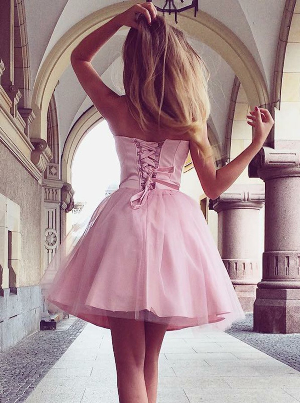 Pink Tulle Short Homecoming Dress with Rhinestones, Cute Party Dress US 8 / Pink