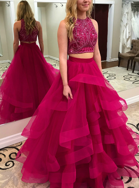 Cheap 2019 Purple Two Pieces Princess Sweet 16 Tulle Pageant Prom Dresses