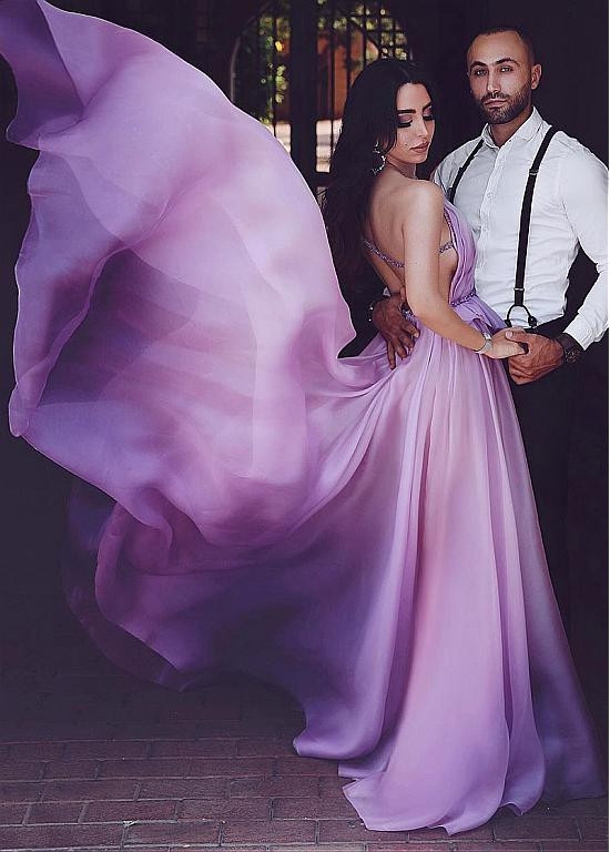 Shop 2019 Organza One Shoulder Beading Purple High Low Evening Dress