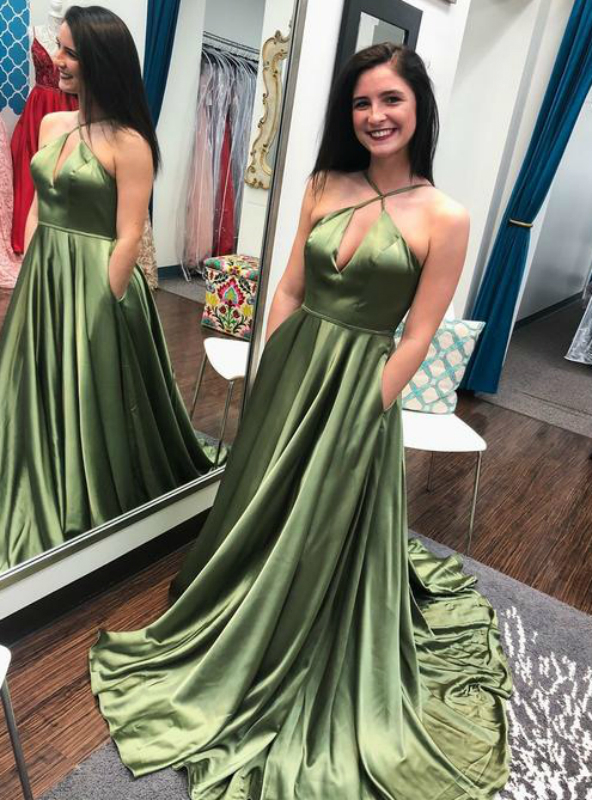 Sexy A line Green Satin Halter Backless Prom Dress Prom Dress SD1294 main image 1