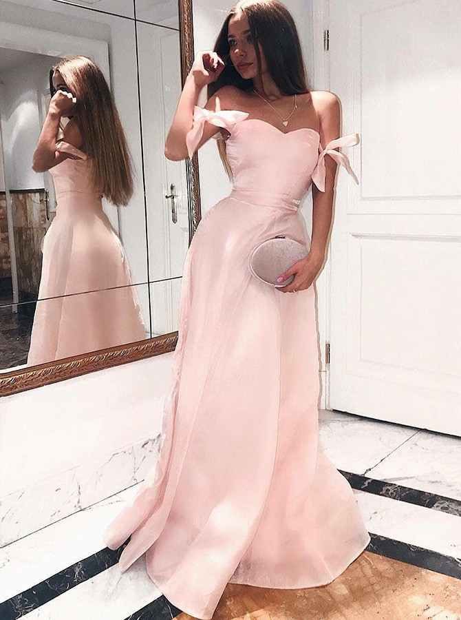 Pretty A Line Off The Shoulder Sequin Pink Floor Length Evening Dress Prom Dresses