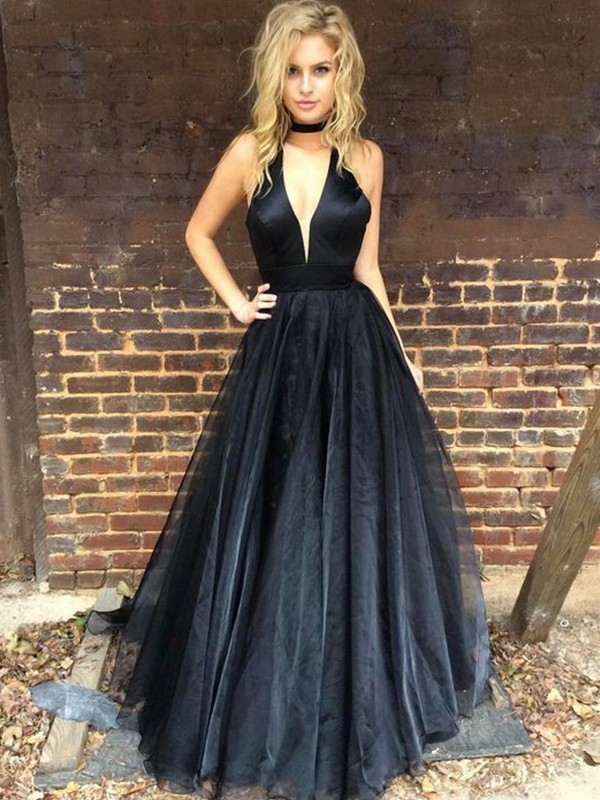Shop 2019 A-Line/Princess Sleeveless V-neck Navy Ruffles Tulle