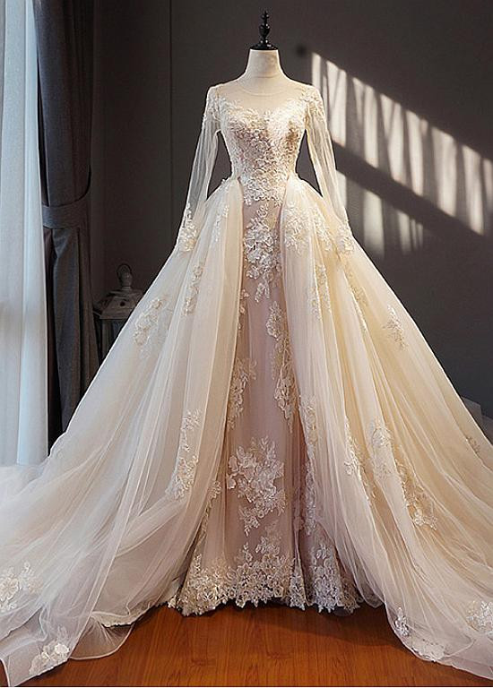 Tulle Jewel Appliques & Detachable Train 2 In 1 Wedding Dresses With Beaded Lace Tulle Jewel Appliques & Detachable Train 2 In 1 Wedding Dresses With Beaded Lace