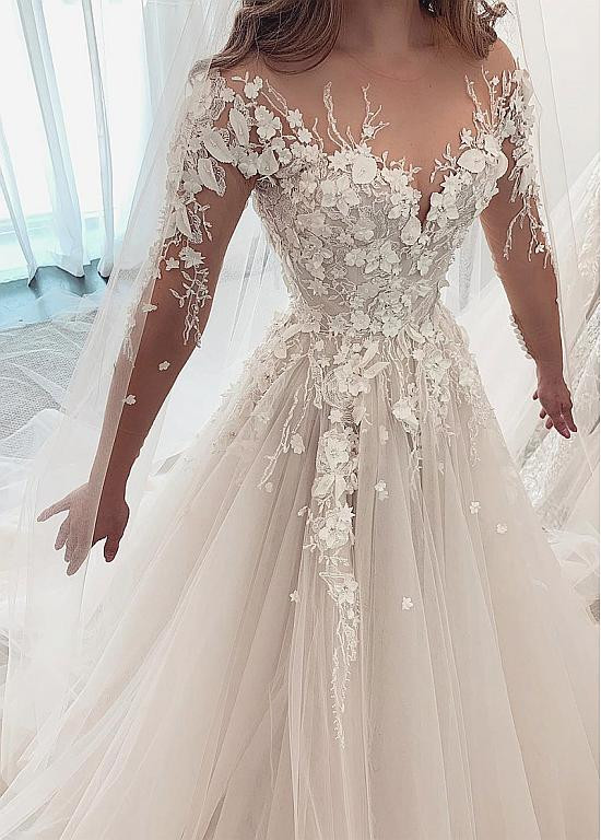 Shop 2019 Long Sleeves Tulle Jewel 3D Flowers A-line Wedding
