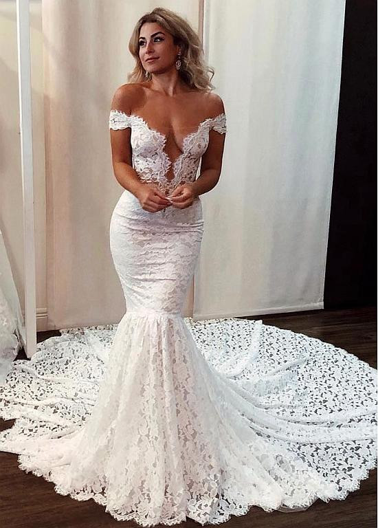 Lace Off-the-shoulder Slim Mermaid Wedding Dress