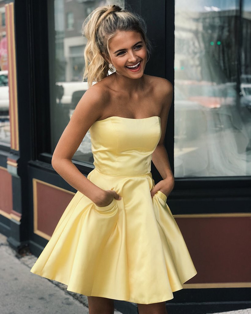 short homecoming dress with pockets Yellow Satin A-line Strapless Short Homecoming Dress with Pockets, SH5 Simidress