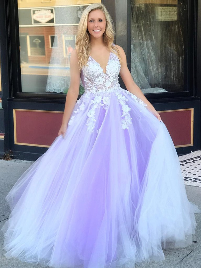 Cheap 2019 Lace Appliques Top Purple V Neck Open Back Tulle Long