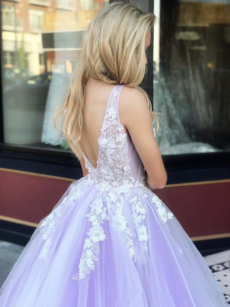 Cheap 2019 Lace Appliques Top Purple V Neck Open Back Tulle Long