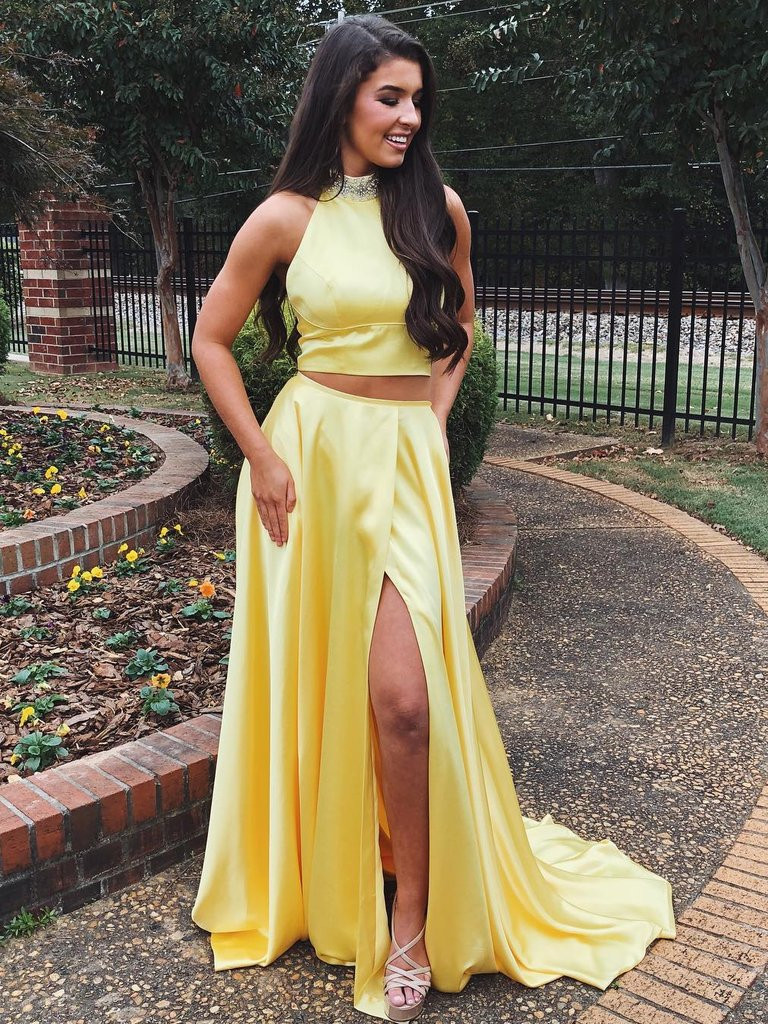 Cheap 2019 Two Pieces Yellow A Line High Neck Satin Long Prom