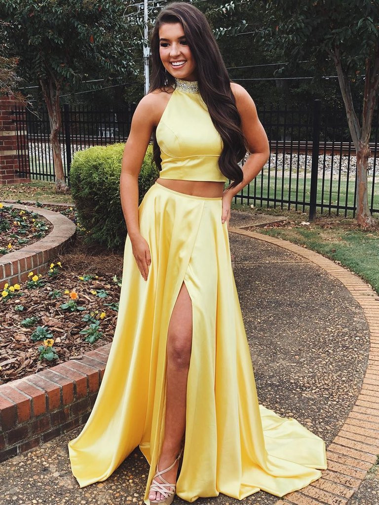yellow 2 piece homecoming dresses Cheap 2019 Two Pieces A Line High Neck Satin Long Prom with High Split type:accessories