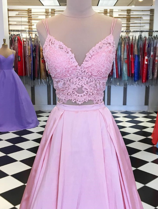 Shop 2019 Two Pieces Lace Top Pink A Line V Neck Satin Long Prom Dress