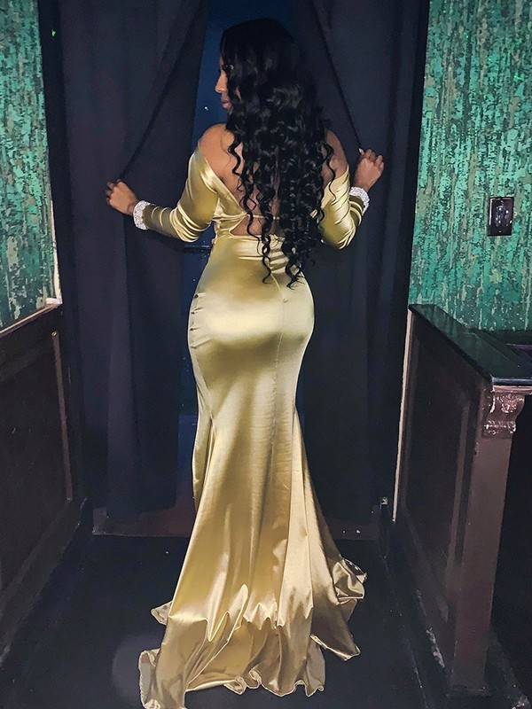 Shop 2019 Gold Trumpet Mermaid Satin Beading V-neck Long Sleeves Prom Dress Shop 2019 Gold Trumpet Mermaid Satin Beading V-neck Long Sleeves Prom Dress