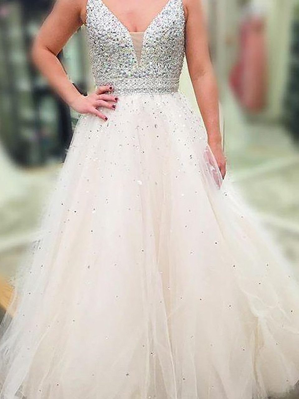 a line princess v neck prom dress