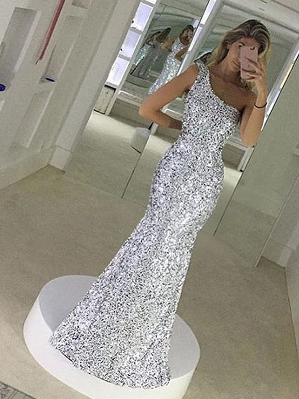 Cheap 2019 Silver White Sheath Column One-Shoulder Ruffles Sequins Prom  Dress