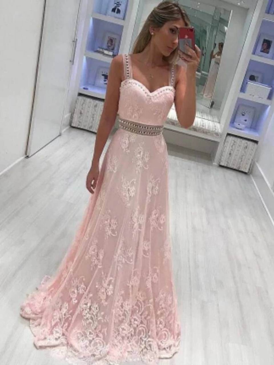 A-Line Sweetheart Floor-Length Beading Pink Applique Satin Prom Dress