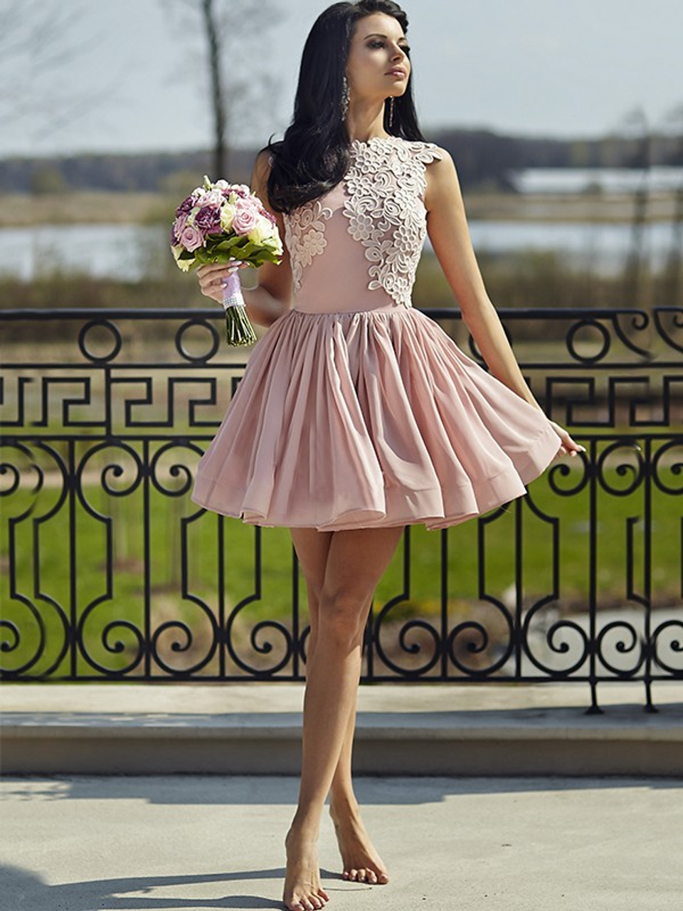Shop Cheap Pink A Line Scoop Chiffon Applique Short Mini